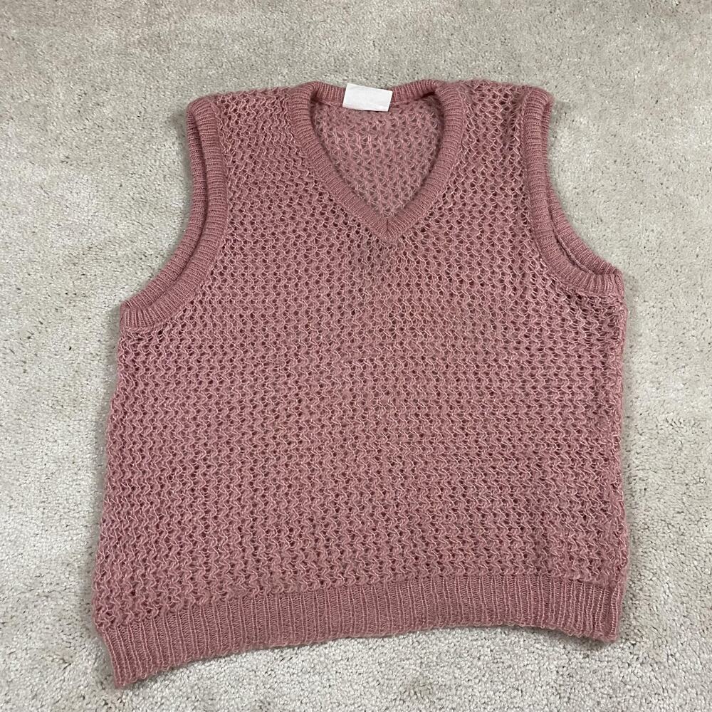 VTG Pink Sweater Vest Womens L Pink Open Knit V Neck Fuzzy Made USA Ivy Prep